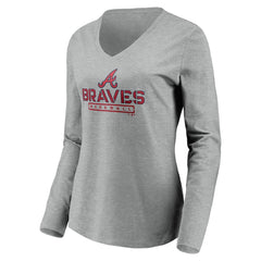 Atlanta Braves Women's Evanston Stencil Long Sleeve V-Neck T-Shirt - Gray T-shirts