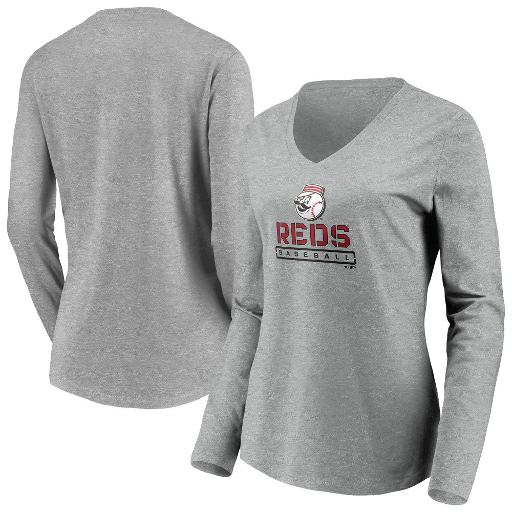Cincinnati Reds Women's Evanston Stencil Long Sleeve V-Neck T-Shirt - Gray T-shirts