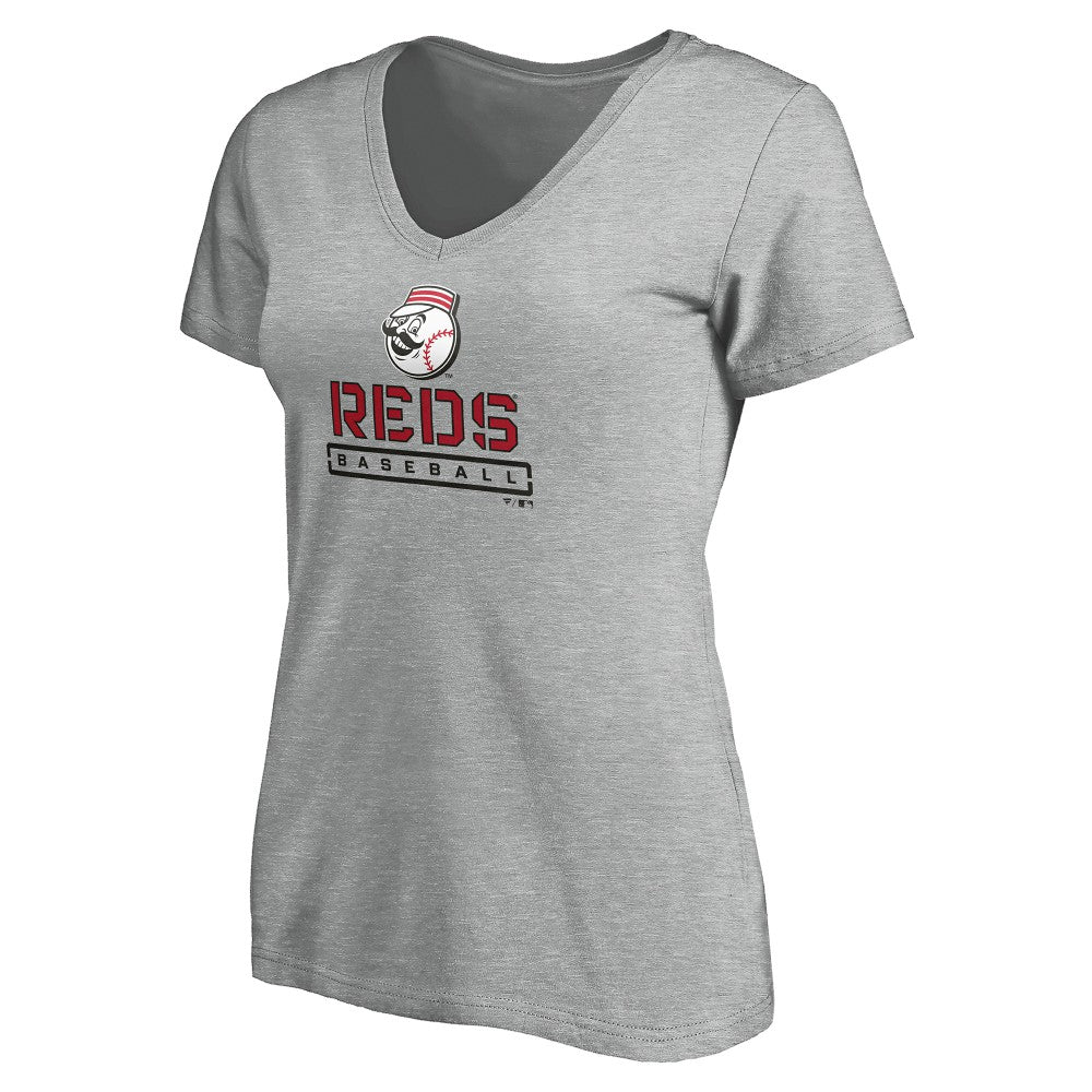 Cincinnati Reds Women's Evanston Stencil V-Neck T-Shirt - Gray T-shirts