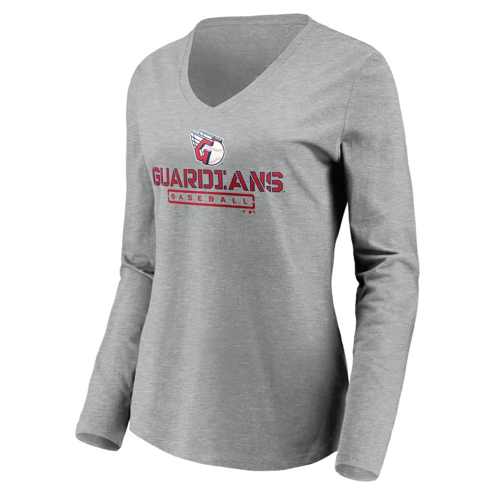 Cleveland Guardians Women's Evanston Stencil Long Sleeve V-Neck T-Shirt - Gray T-shirts