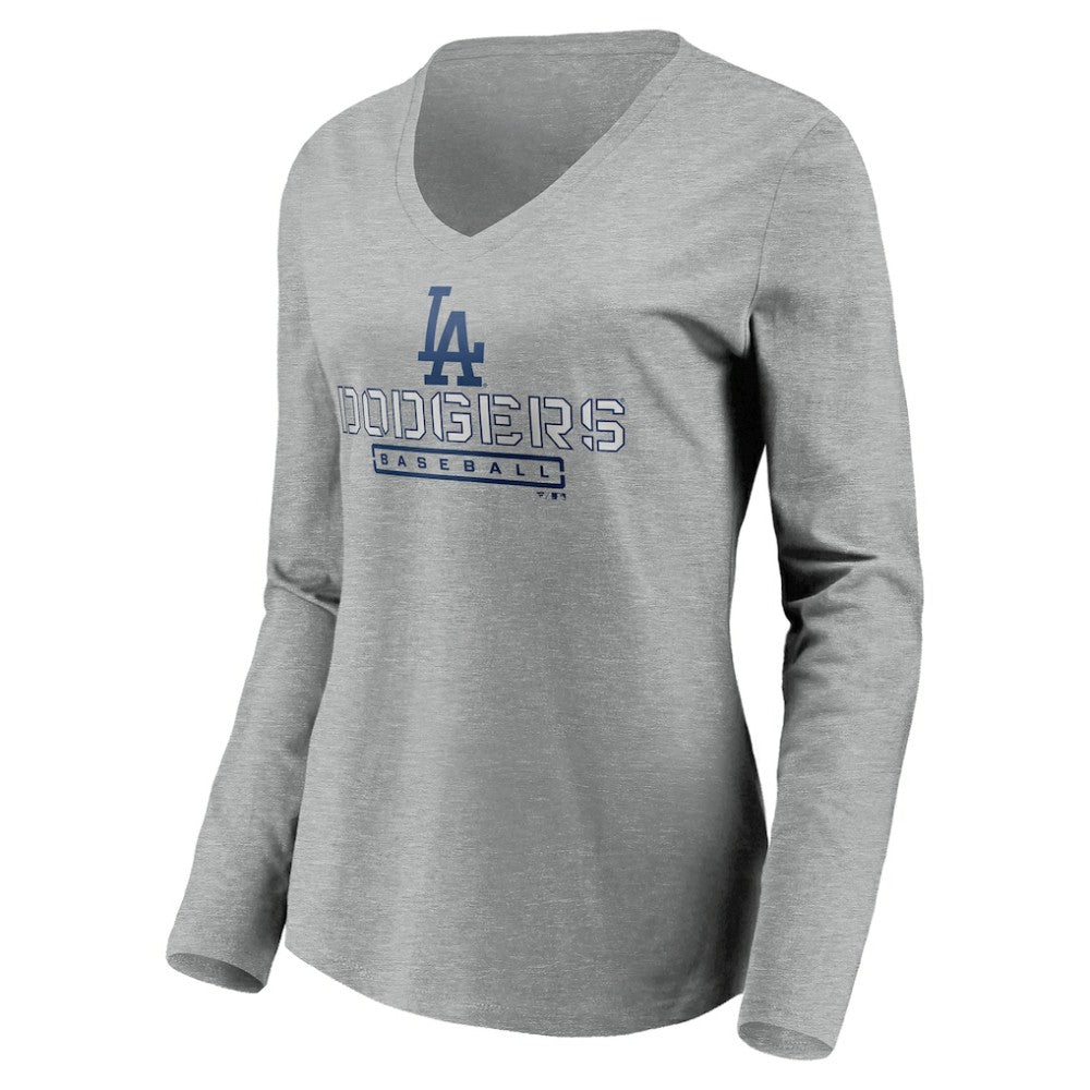Los Angeles Dodgers Women's Evanston Stencil Long Sleeve V-Neck T-Shirt - Gray T-shirts