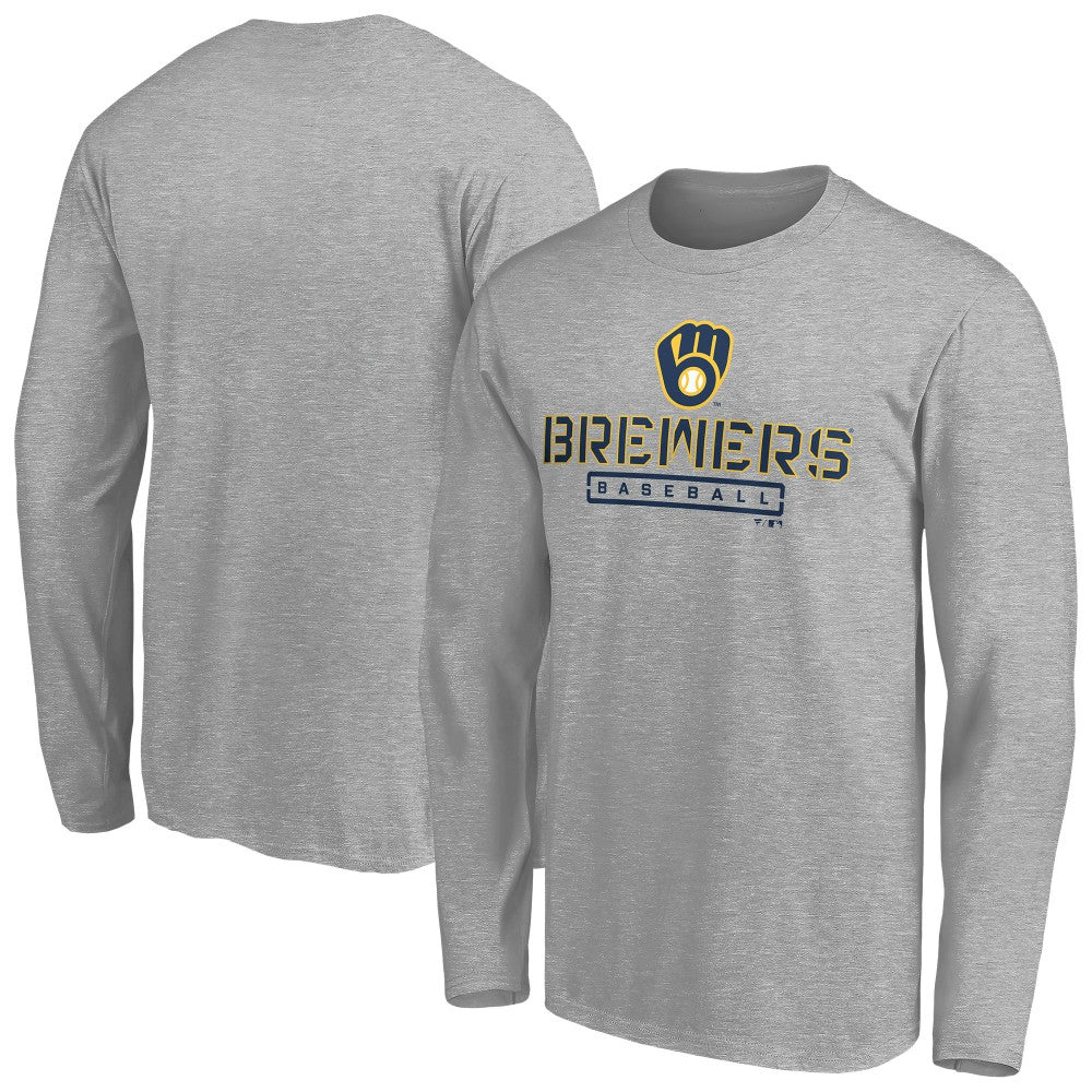 Milwaukee Brewers Evanston Stencil Long Sleeve T-Shirt - Gray T-shirts