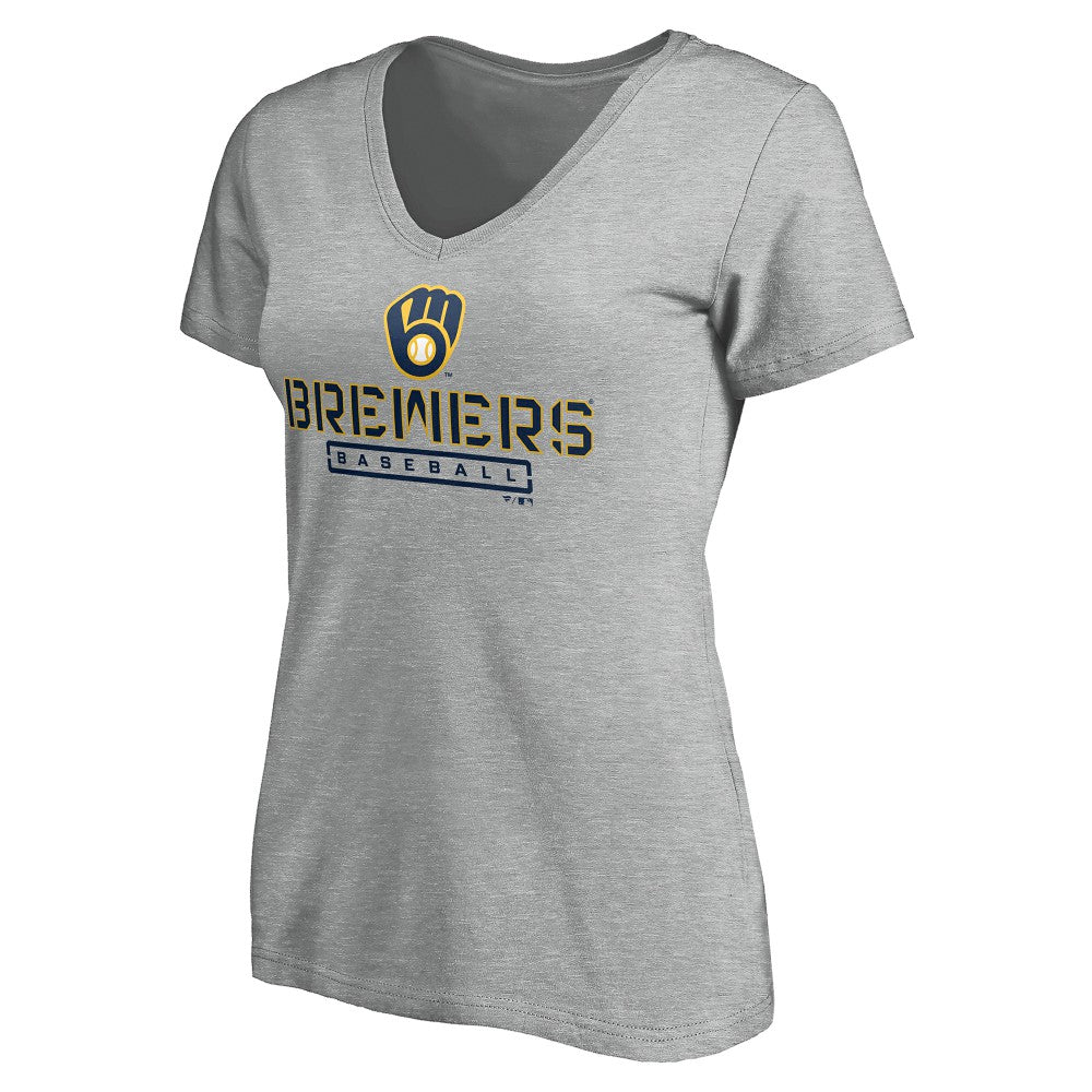 Milwaukee Brewers Women's Evanston Stencil V-Neck T-Shirt - Gray T-shirts