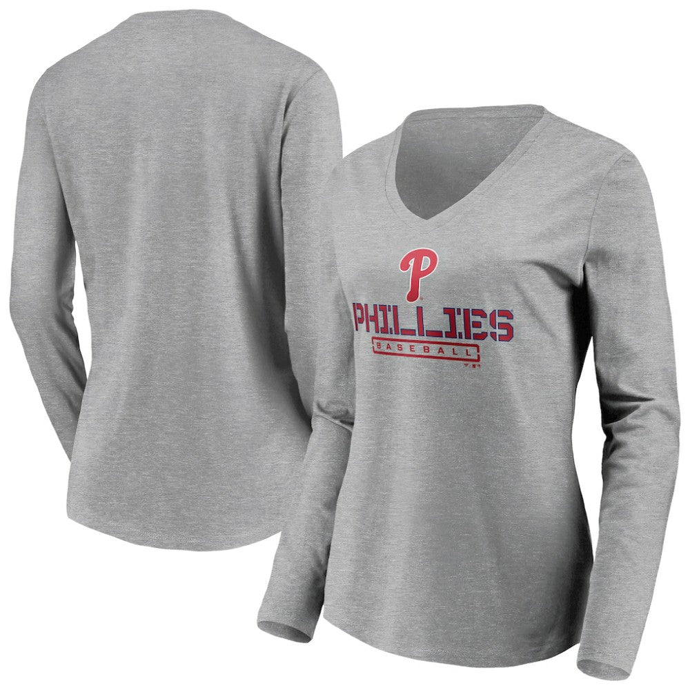 Philadelphia Phillies Women's Evanston Stencil Long Sleeve V-Neck T-Shirt - Gray T-shirts