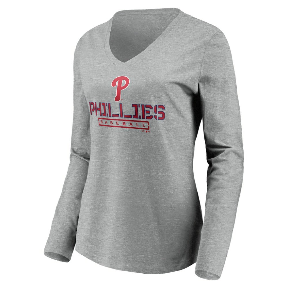 Philadelphia Phillies Women's Evanston Stencil Long Sleeve V-Neck T-Shirt - Gray T-shirts