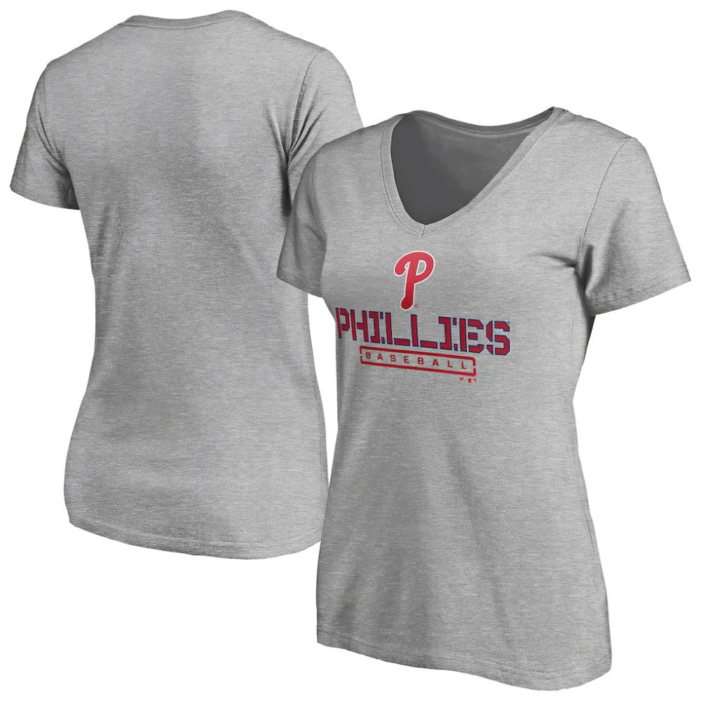 Philadelphia Phillies Women's Evanston Stencil V-Neck T-Shirt - Gray T-shirts