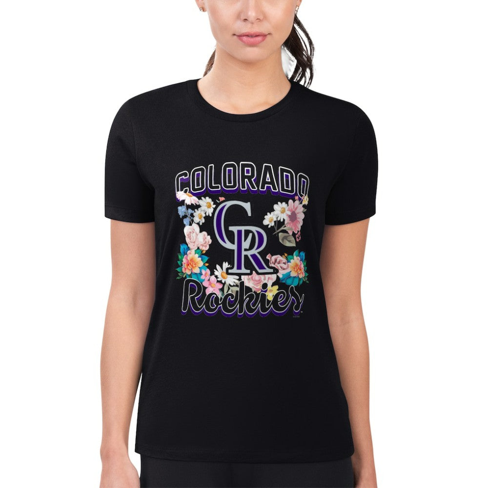 Colorado Rockies G-III 4Her by Carl Banks Women's Super-Slim Fit Lightweight Flowers Graphic T-Shirt - Black T-shirts