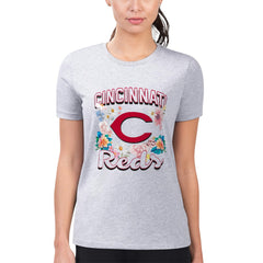Cincinnati Reds G-III 4Her by Carl Banks Women's Super-Slim Fit Lightweight Flowers Graphic T-Shirt - Heather Gray T-shirts