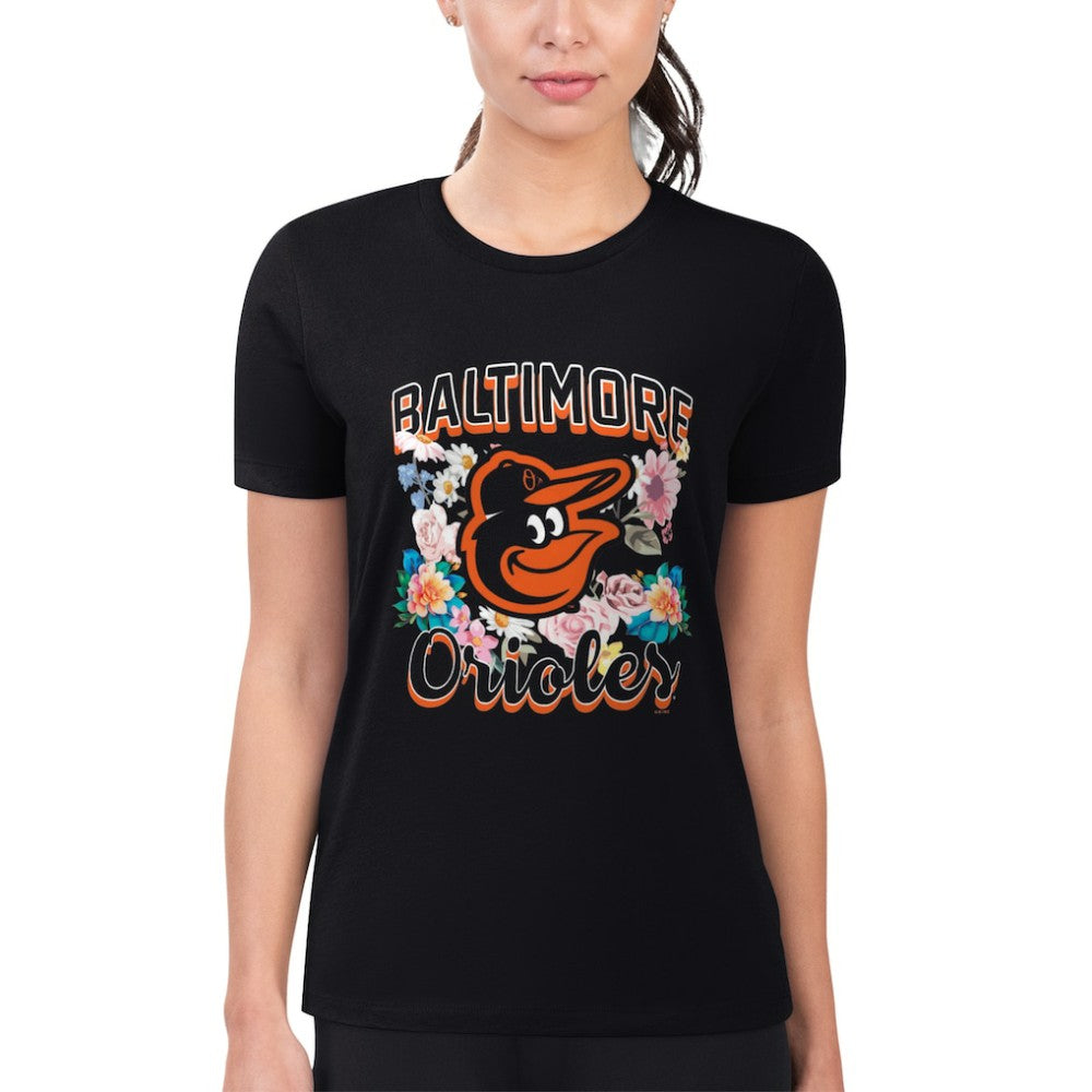 Baltimore Orioles G-III 4Her by Carl Banks Women's Super-Slim Fit Lightweight Flowers Graphic T-Shirt - Black T-shirts