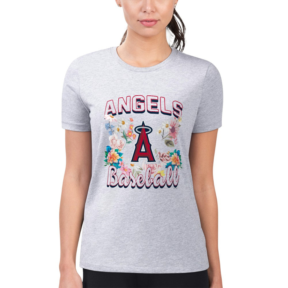 Los Angeles Angels G-III 4Her by Carl Banks Women's Super-Slim Fit Lightweight Flowers Graphic T-Shirt - Heather Gray T-shirts