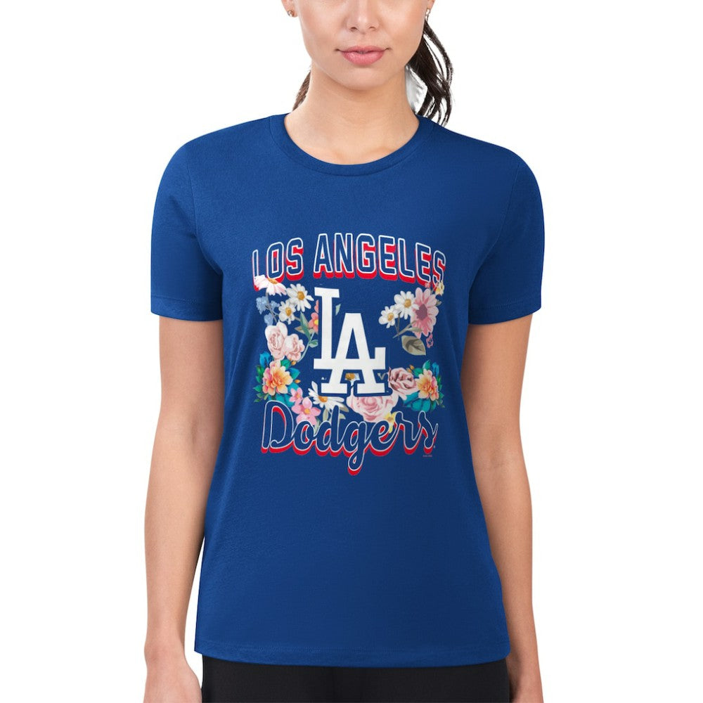 Los Angeles Dodgers G-III 4Her by Carl Banks Women's Super-Slim Fit Lightweight Flowers Graphic T-Shirt - Royal T-shirts