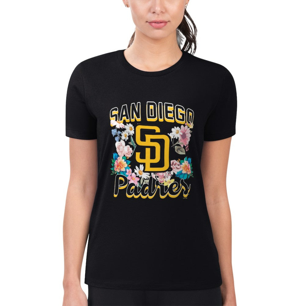 San Diego Padres G-III 4Her by Carl Banks Women's Super-Slim Fit Lightweight Flowers Graphic T-Shirt - Black T-shirts