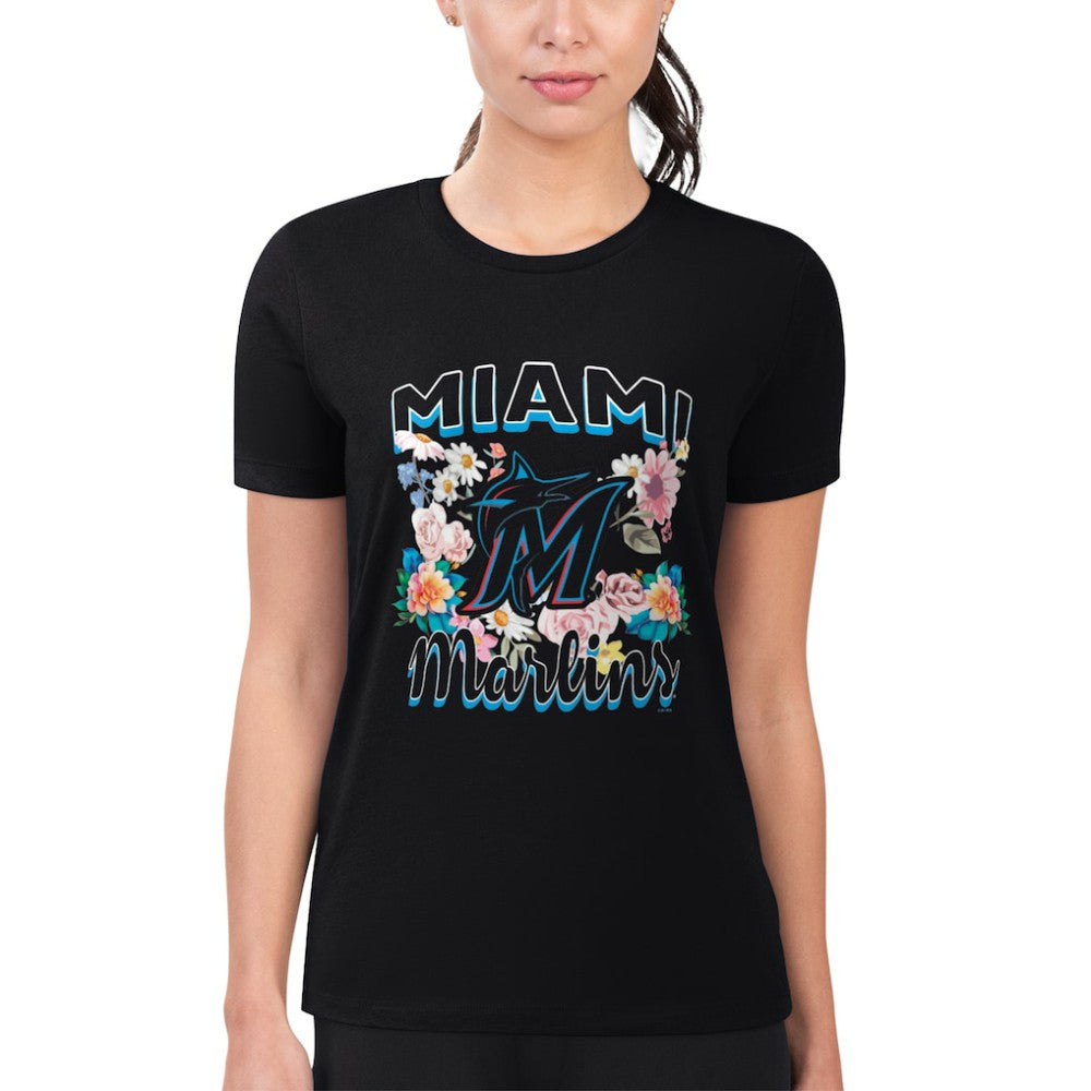 Miami Marlins G-III 4Her by Carl Banks Women's Super-Slim Fit Lightweight Flowers Graphic T-Shirt - Black T-shirts