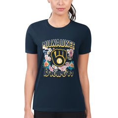 Milwaukee Brewers G-III 4Her by Carl Banks Women's Super-Slim Fit Lightweight Flowers Graphic T-Shirt - Navy T-shirts