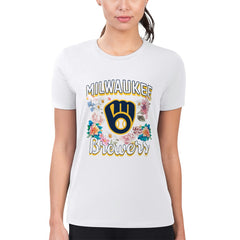 Milwaukee Brewers G-III 4Her by Carl Banks Women's Super-Slim Fit Lightweight Flowers Graphic T-Shirt - White T-shirts