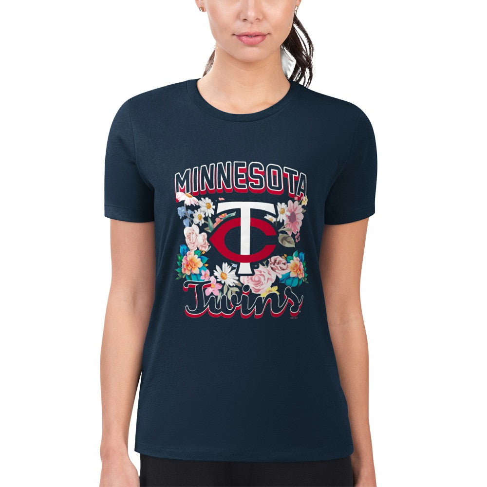 Minnesota Twins G-III 4Her by Carl Banks Women's Super-Slim Fit Lightweight Flowers Graphic T-Shirt - Navy T-shirts