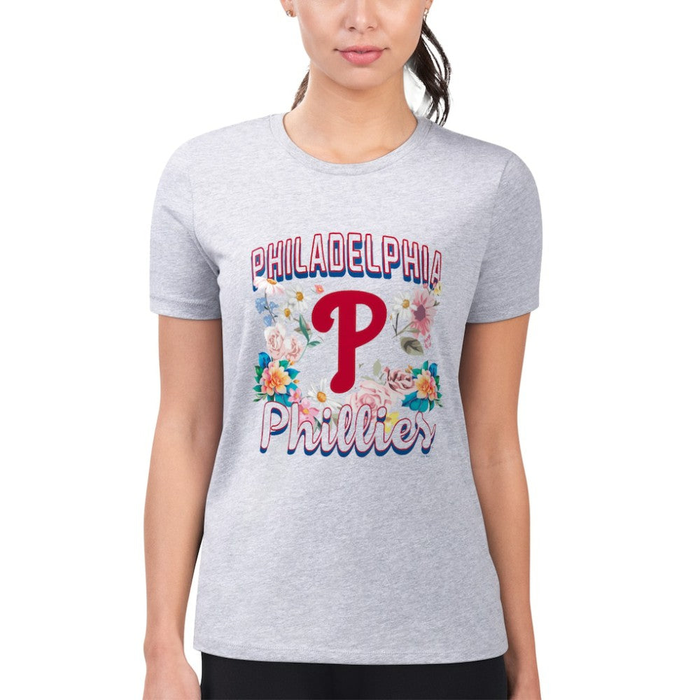 Philadelphia Phillies G-III 4Her by Carl Banks Women's Super-Slim Fit Lightweight Flowers Graphic T-Shirt - Heather Gray T-shirts