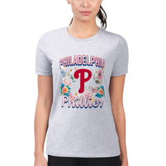 Philadelphia Phillies G-III 4Her by Carl Banks Women's Super-Slim Fit Lightweight Flowers Graphic T-Shirt - Heather Gray T-shirts