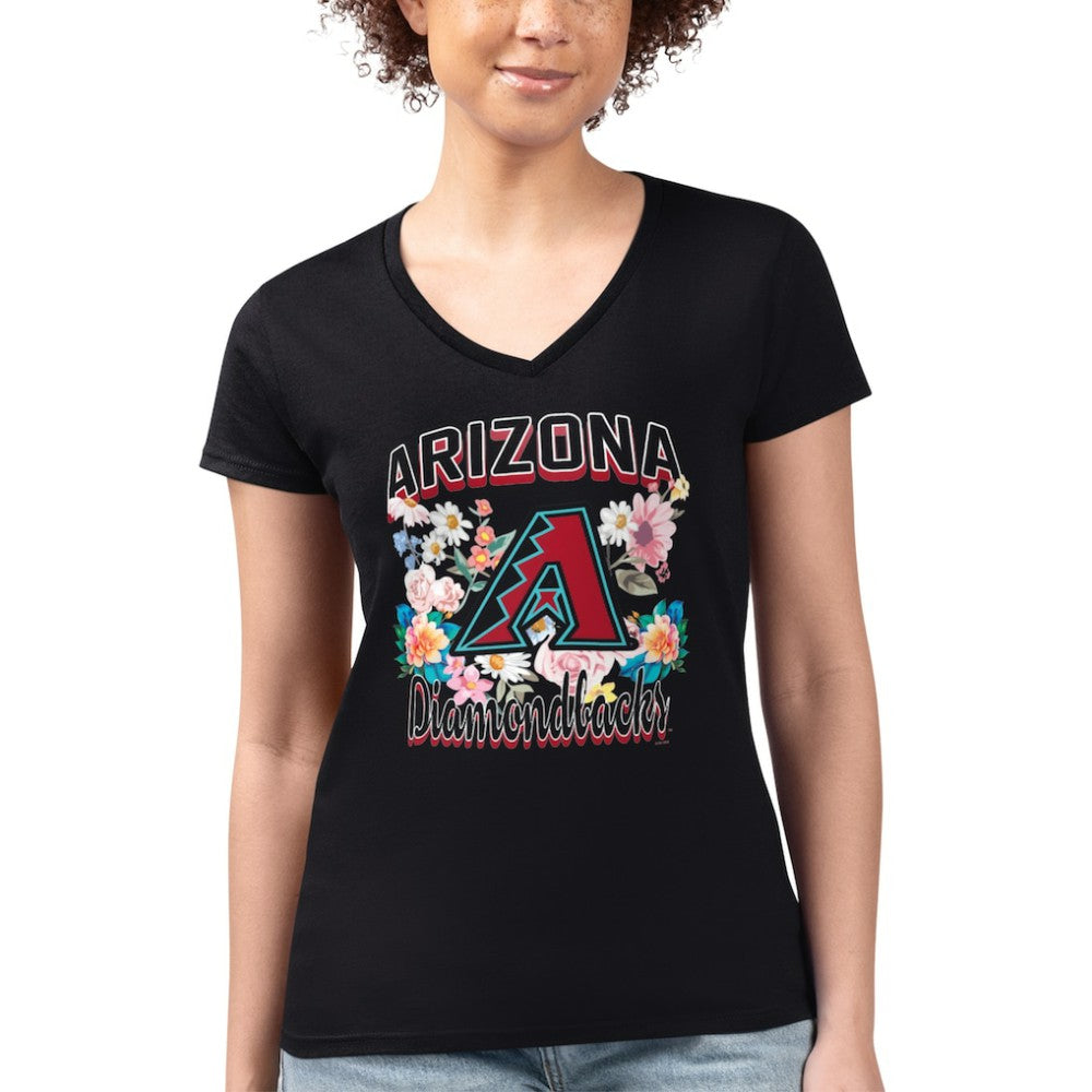 Arizona Diamondbacks G-III 4Her by Carl Banks Women's Super-Slim Fit Lightweight Flowers Graphic V-Neck T-Shirt - Black T-shirts
