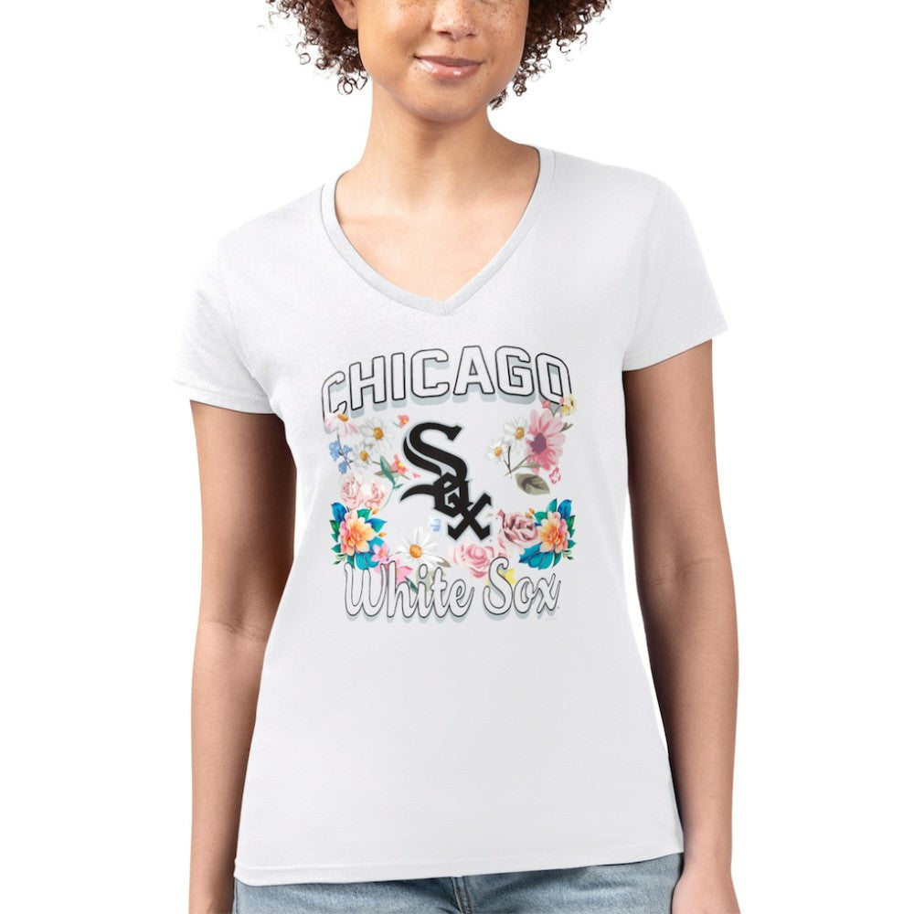 Chicago White Sox G-III 4Her by Carl Banks Women's Super-Slim Fit Lightweight Flowers Graphic V-Neck T-Shirt - White T-shirts