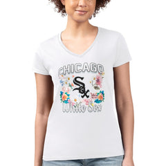 Chicago White Sox G-III 4Her by Carl Banks Women's Super-Slim Fit Lightweight Flowers Graphic V-Neck T-Shirt - White T-shirts