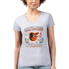 Baltimore Orioles G-III 4Her by Carl Banks Women's Super-Slim Fit Lightweight Flowers Graphic V-Neck T-Shirt - Heather Gray T-shirts
