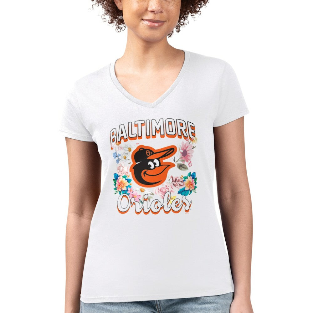 Baltimore Orioles G-III 4Her by Carl Banks Women's Super-Slim Fit Lightweight Flowers Graphic V-Neck T-Shirt - White T-shirts