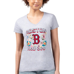 Boston Red Sox G-III 4Her by Carl Banks Women's Super-Slim Fit Lightweight Flowers Graphic V-Neck T-Shirt - Heather Gray T-shirts