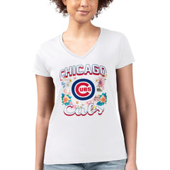 Chicago Cubs G-III 4Her by Carl Banks Women's Super-Slim Fit Lightweight Flowers Graphic V-Neck T-Shirt - White T-shirts