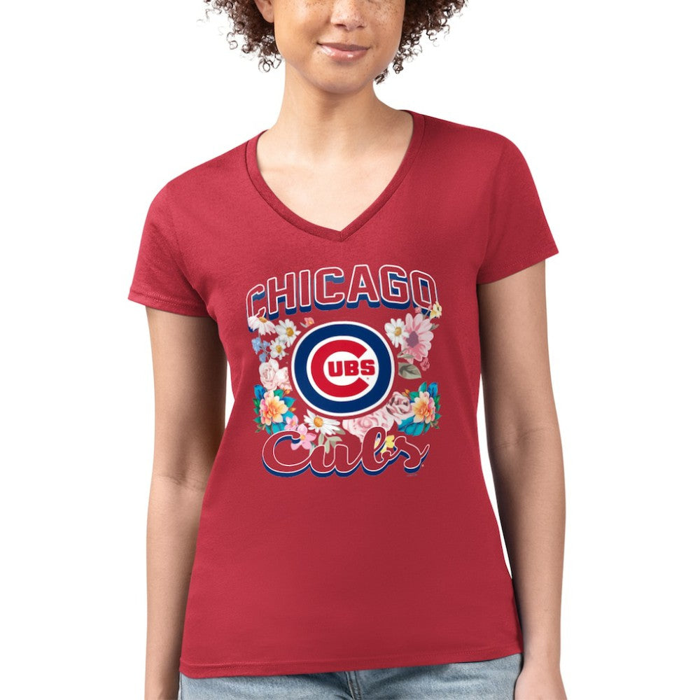 Chicago Cubs G-III 4Her by Carl Banks Women's Super-Slim Fit Lightweight Flowers Graphic V-Neck T-Shirt - Red T-shirts