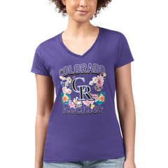 Colorado Rockies G-III 4Her by Carl Banks Women's Super-Slim Fit Lightweight Flowers Graphic V-Neck T-Shirt - Purple T-shirts