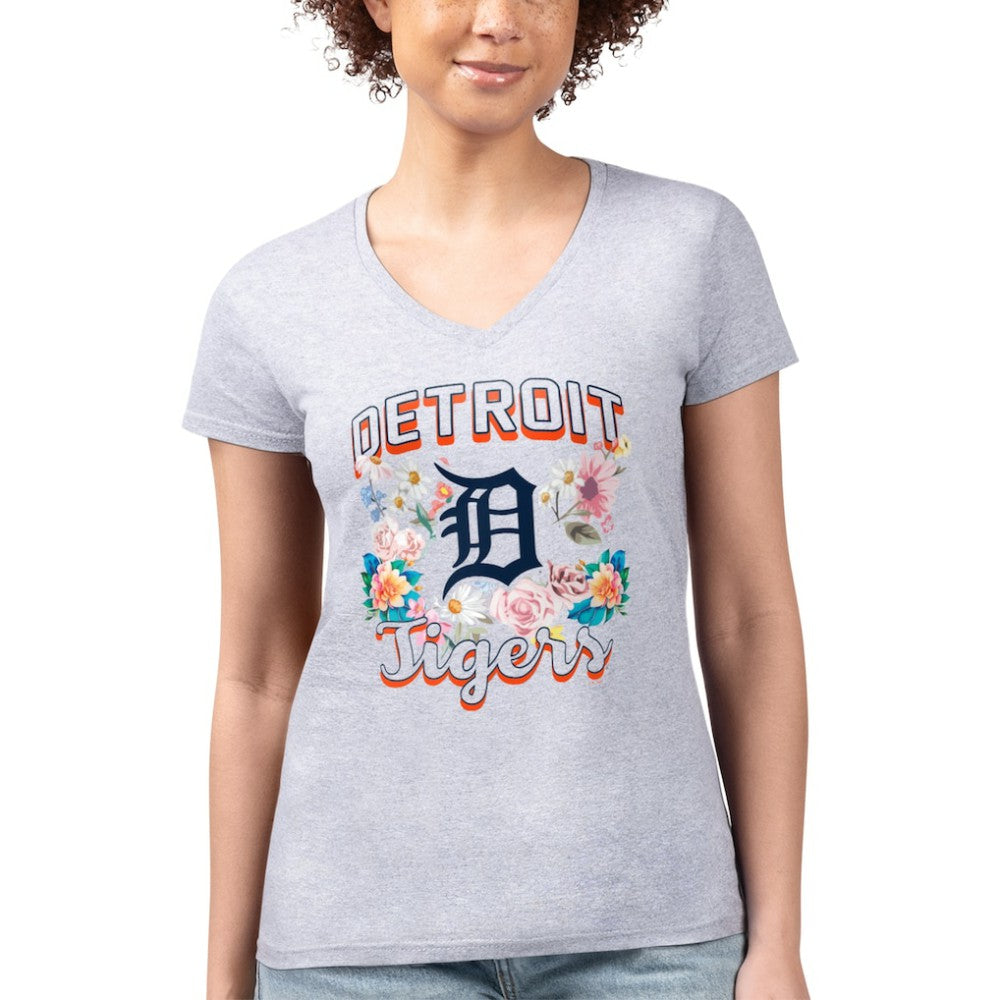 Detroit Tigers G-III 4Her by Carl Banks Women's Super-Slim Fit Lightweight Flowers Graphic V-Neck T-Shirt - Heather Gray T-shirts