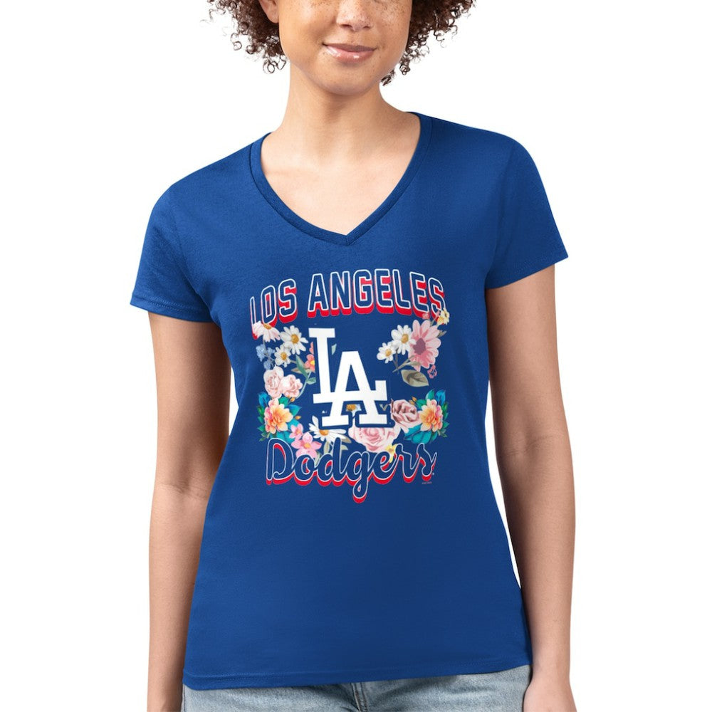 Los Angeles Dodgers G-III 4Her by Carl Banks Women's Super-Slim Fit Lightweight Flowers Graphic V-Neck T-Shirt - Royal T-shirts