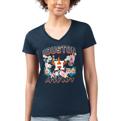Houston Astros G-III 4Her by Carl Banks Women's Super-Slim Fit Lightweight Flowers Graphic V-Neck T-Shirt - Navy T-shirts