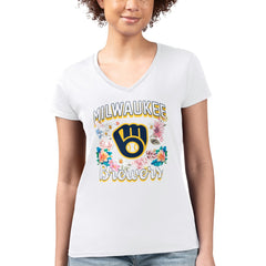 Milwaukee Brewers G-III 4Her by Carl Banks Women's Super-Slim Fit Lightweight Flowers Graphic V-Neck T-Shirt - White T-shirts