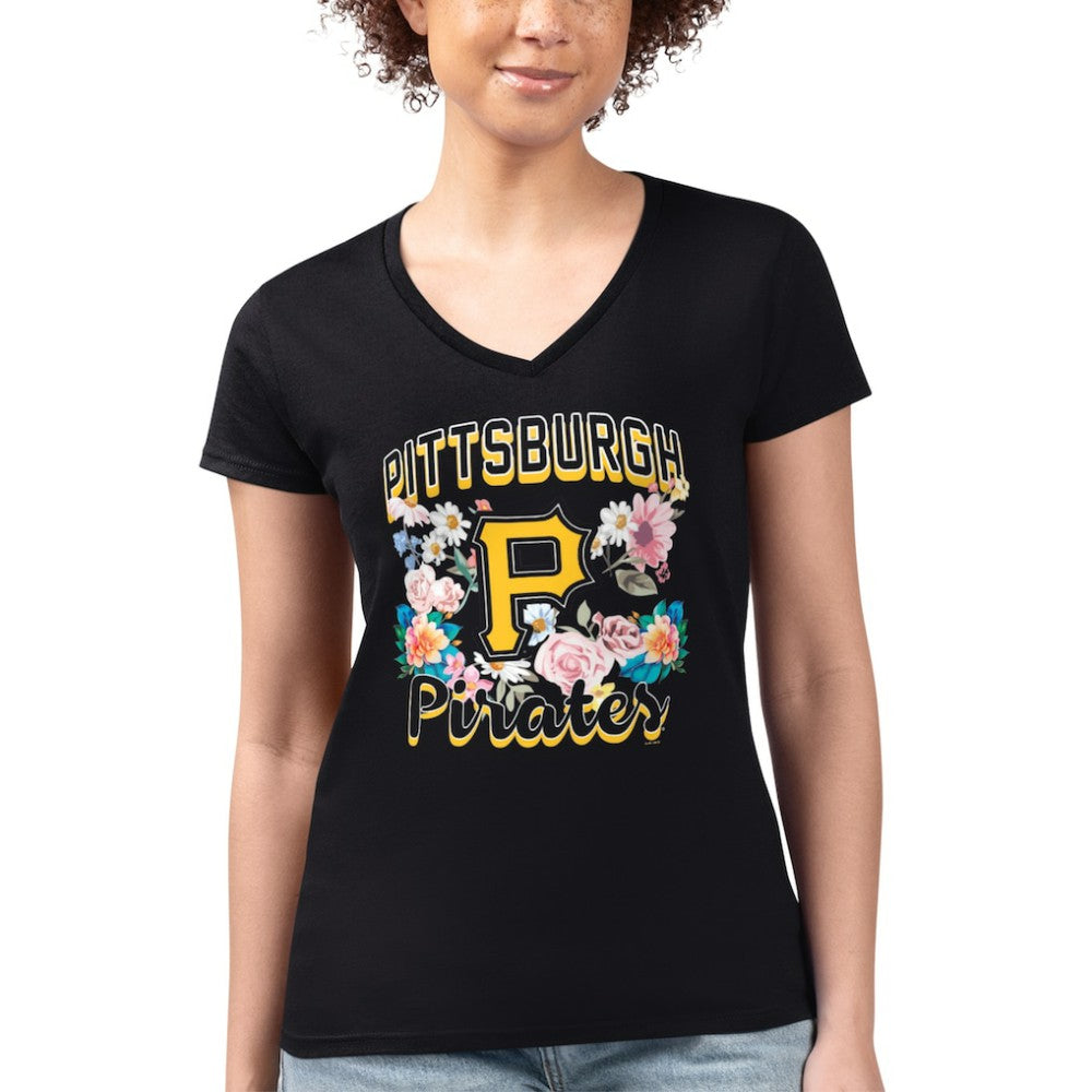 Pittsburgh Pirates G-III 4Her by Carl Banks Women's Super-Slim Fit Lightweight Flowers Graphic V-Neck T-Shirt - Black T-shirts