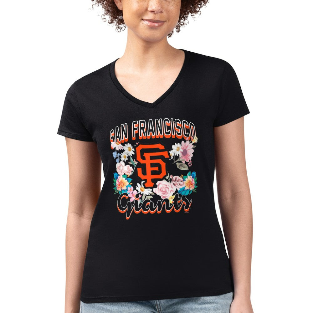San Francisco Giants G-III 4Her by Carl Banks Women's Super-Slim Fit Lightweight Flowers Graphic V-Neck T-Shirt - Black T-shirts