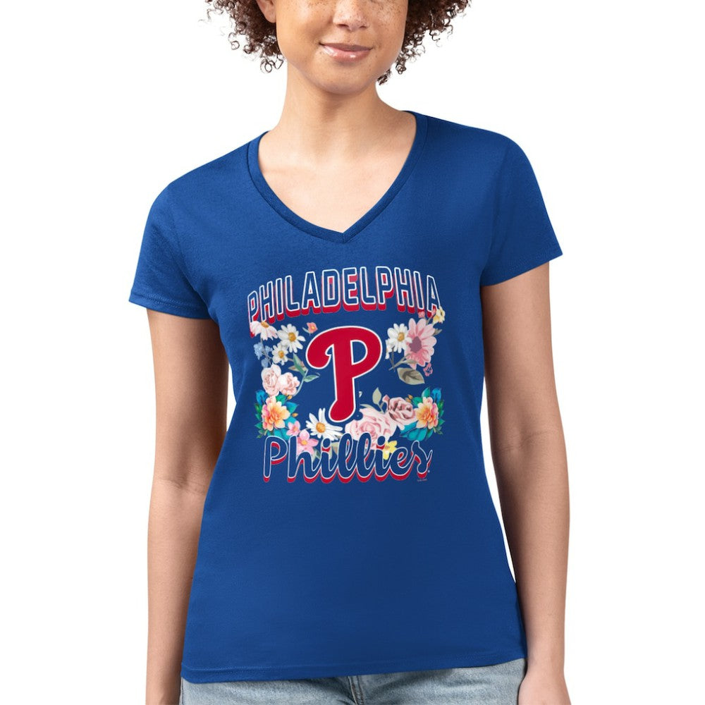 Philadelphia Phillies G-III 4Her by Carl Banks Women's Super-Slim Fit Lightweight Flowers Graphic V-Neck T-Shirt - Royal T-shirts