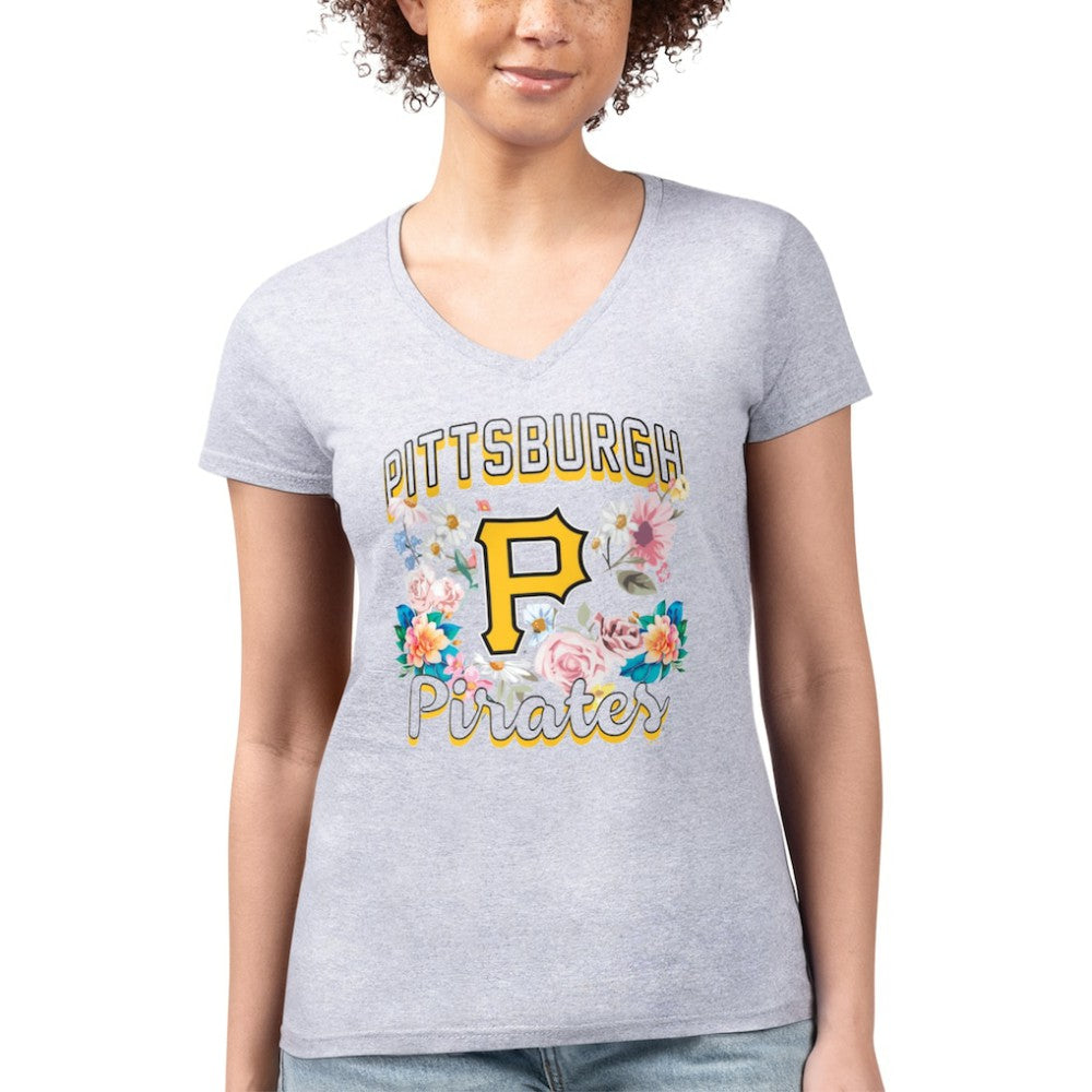 Pittsburgh Pirates G-III 4Her by Carl Banks Women's Super-Slim Fit Lightweight Flowers Graphic V-Neck T-Shirt - Heather Gray T-shirts