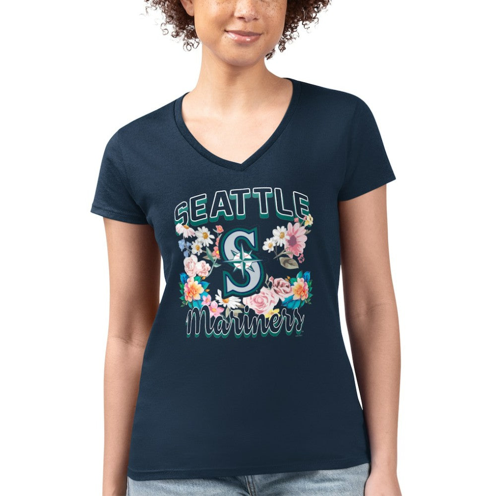 Seattle Mariners G-III 4Her by Carl Banks Women's Super-Slim Fit Lightweight Flowers Graphic V-Neck T-Shirt - Navy T-shirts