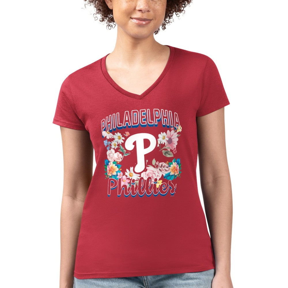 Philadelphia Phillies G-III 4Her by Carl Banks Women's Super-Slim Fit Lightweight Flowers Graphic V-Neck T-Shirt - Red T-shirts