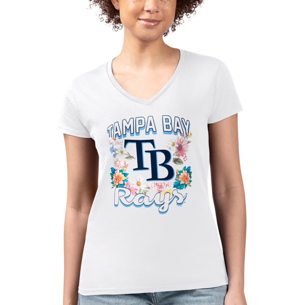 Tampa Bay Rays G-III 4Her by Carl Banks Women's Super-Slim Fit Lightweight Flowers Graphic V-Neck T-Shirt - White T-shirts