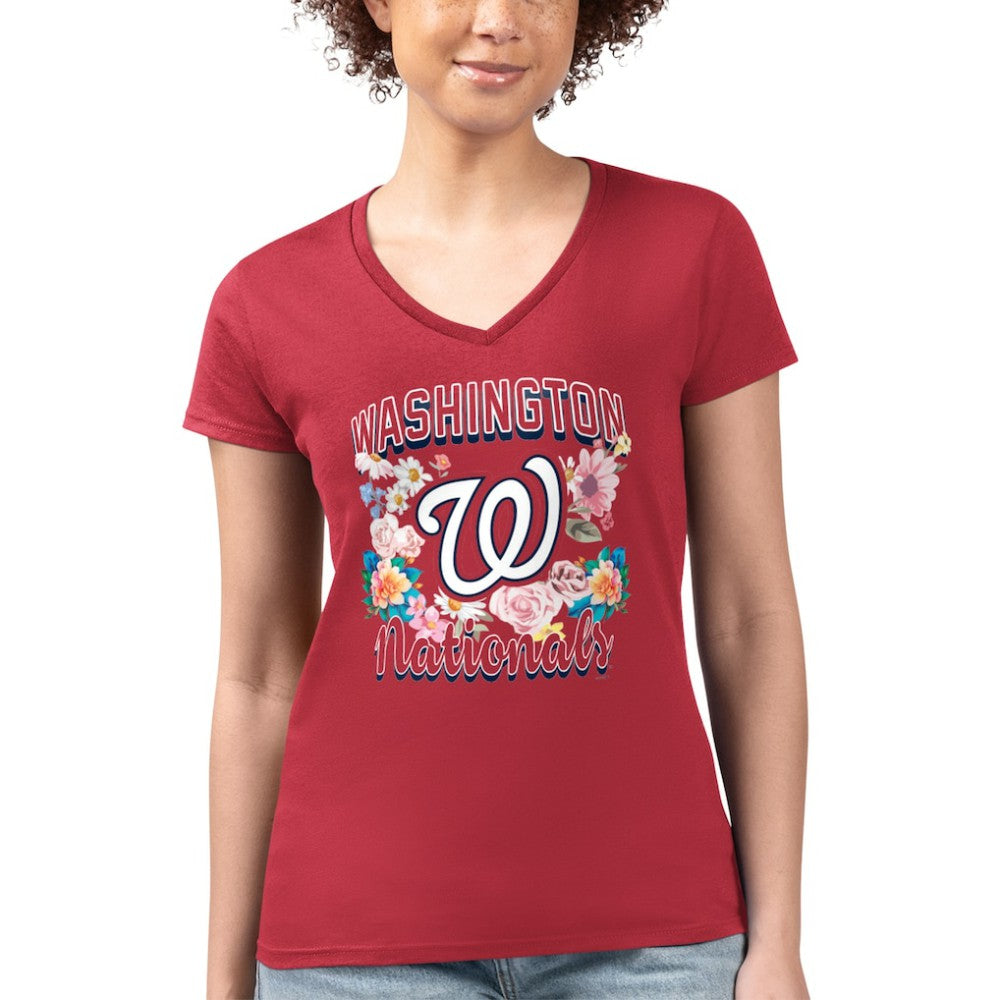 Washington Nationals G-III 4Her by Carl Banks Women's Super-Slim Fit Lightweight Flowers Graphic V-Neck T-Shirt - Red T-shirts