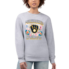 Milwaukee Brewers G-III 4Her by Carl Banks Women's Flowers Graphic Pullover Sweatshirt - Heather Gray Pullover