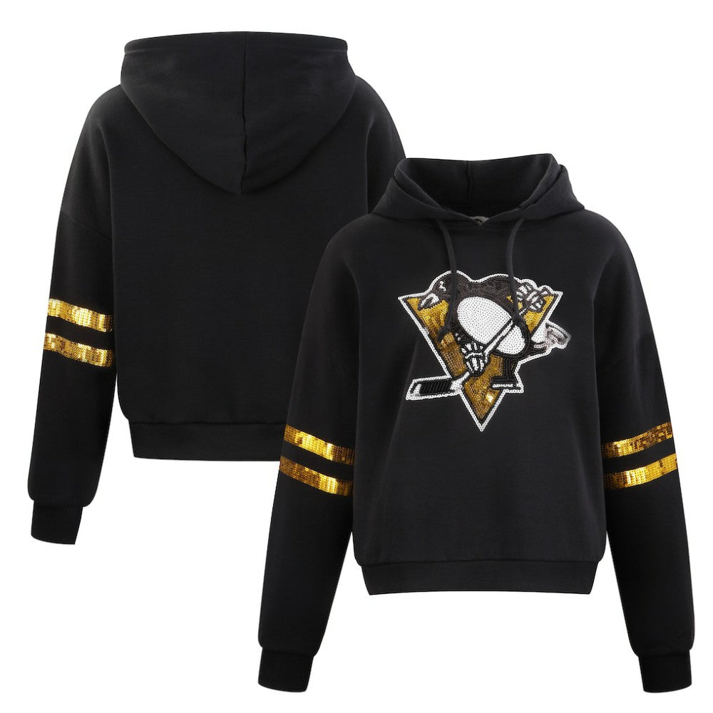 NHL Pittsburgh Penguins Cuce Women's Sequin Cropped Pullover Hoodie - Black
