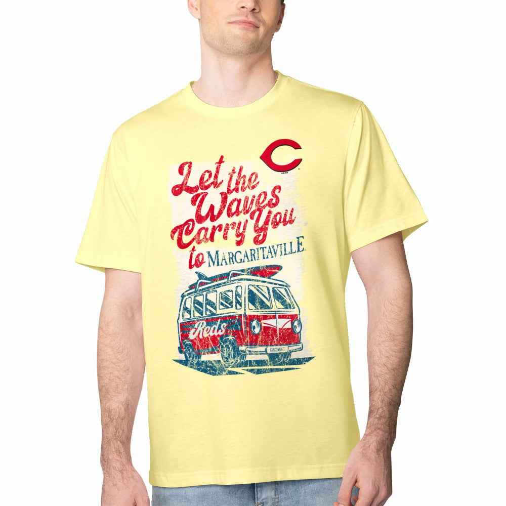 Cincinnati Reds Margaritaville Bus Waves Graphic T-Shirt - Yellow T-shirts