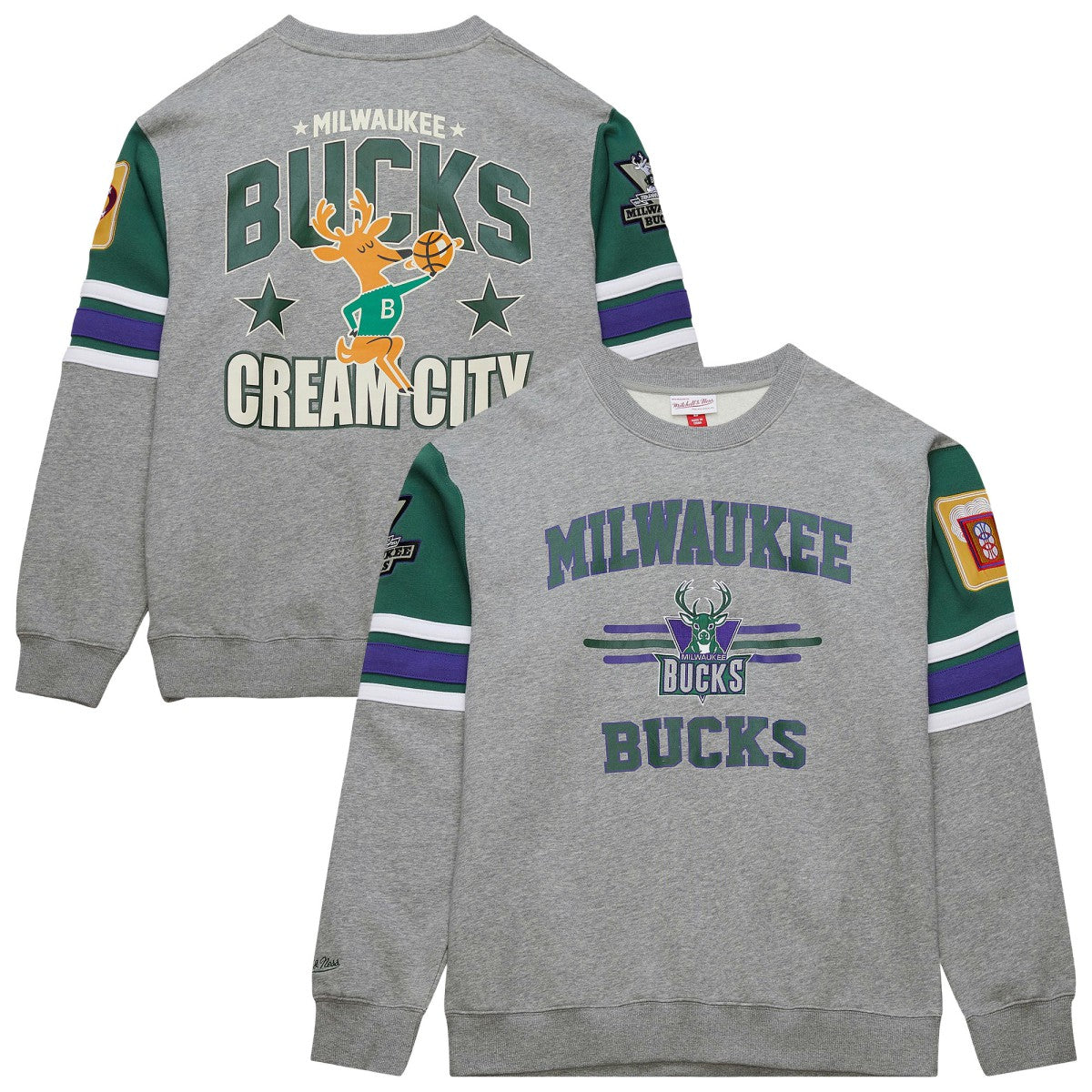 Milwaukee Bucks Hardwood Classics All Over 4.0 Pullover Sweatshirt Heather Gray