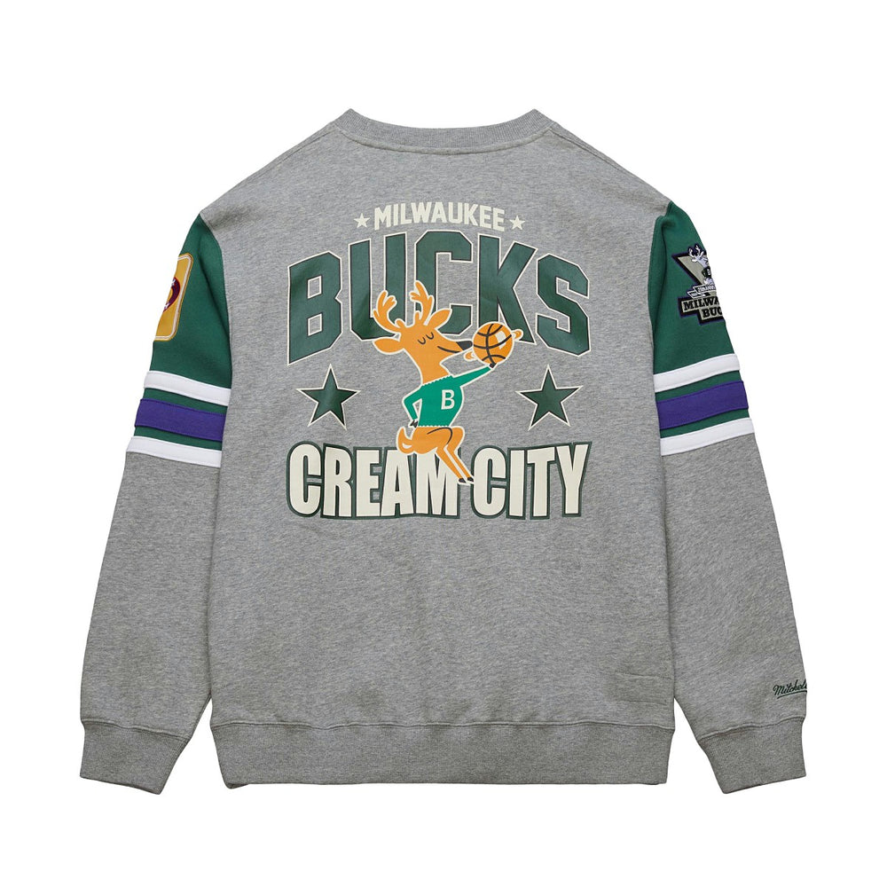 Milwaukee Bucks Hardwood Classics All Over 4.0 Pullover Sweatshirt Heather Gray