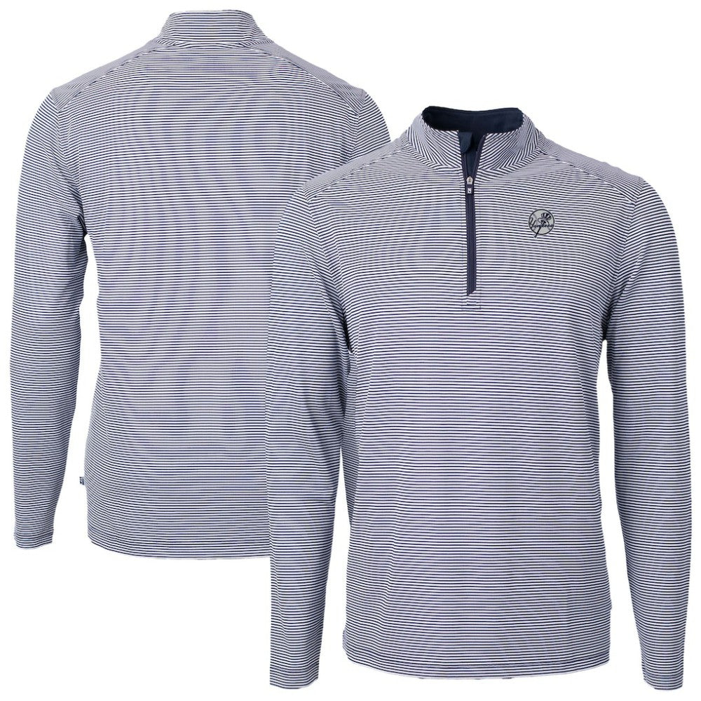 New York Yankees Cutter & Buck Virtue Eco Pique Micro Stripe Quarter-Zip Jacket - Navy Jackets