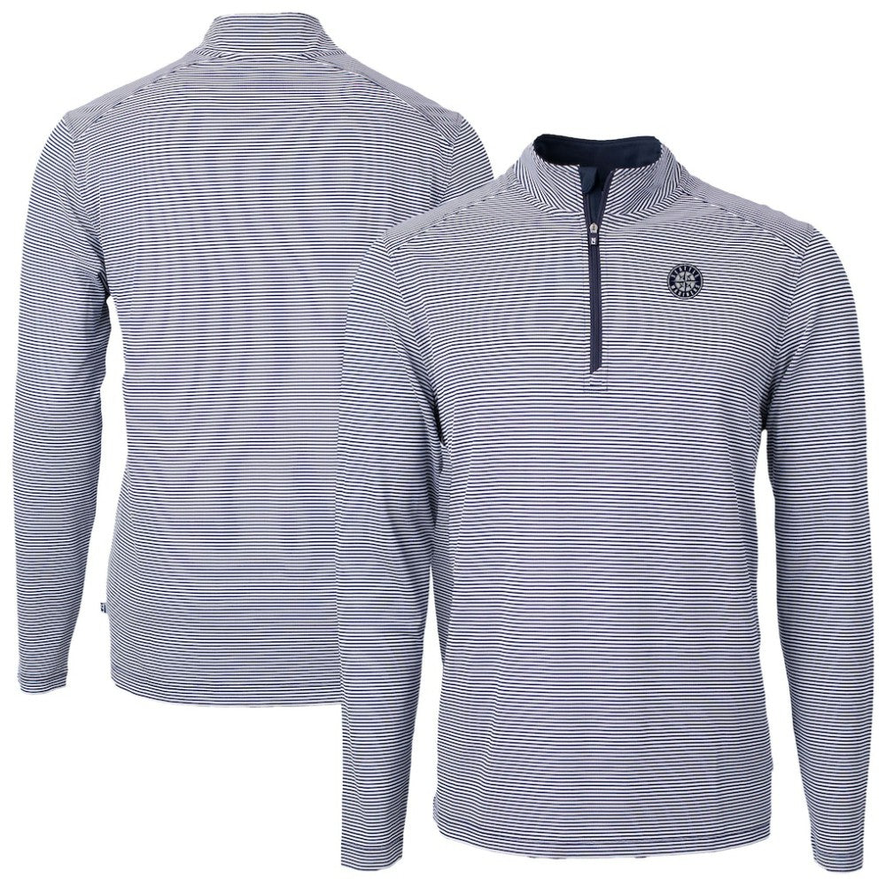 Seattle Mariners Cutter & Buck Virtue Eco Pique Micro Stripe Quarter-Zip Jacket - Navy Jackets